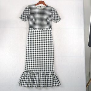 Black and White Gingham Midi Dress with Ruffle Hem